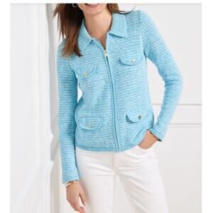Talbots NWOT Blue White Dash Stripe Full Size Collared Cardigan Womens XS